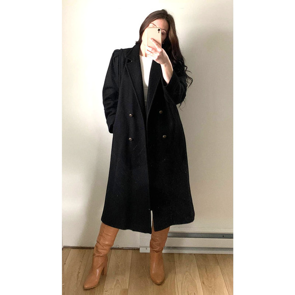Vintage Black Double Breasted Long Wool Coat Pleated Puff Shoulder sz 8 Petite - Picture 1 of 15